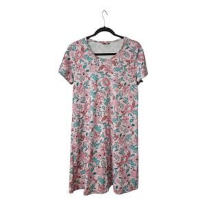 Lands' End Shift Dress MEDIUM 100% Cotton Floral Stretch S/S Pink Green Casual